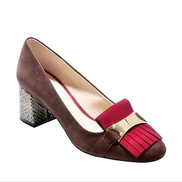 Cole Haan Shoes - Cole Haan Margarite Kiltie Loafer Pump Brown & Red Suede Snake Heel Size 8.5